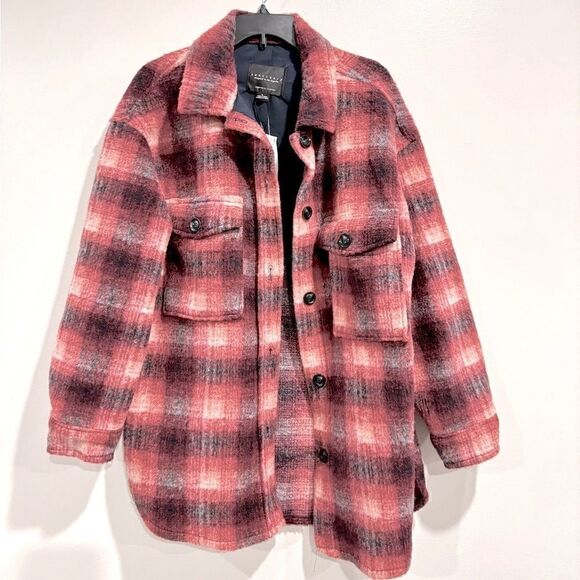 Sanctuary Plaid Town Jacket Woodland Plaid jacket coat burgundy size L New - Picture 9 of 15